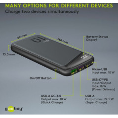 Portable Batteries - Goobay snabbladdande PowerBank batteri på 10.000mAh med USB-C PD, QC 3.0