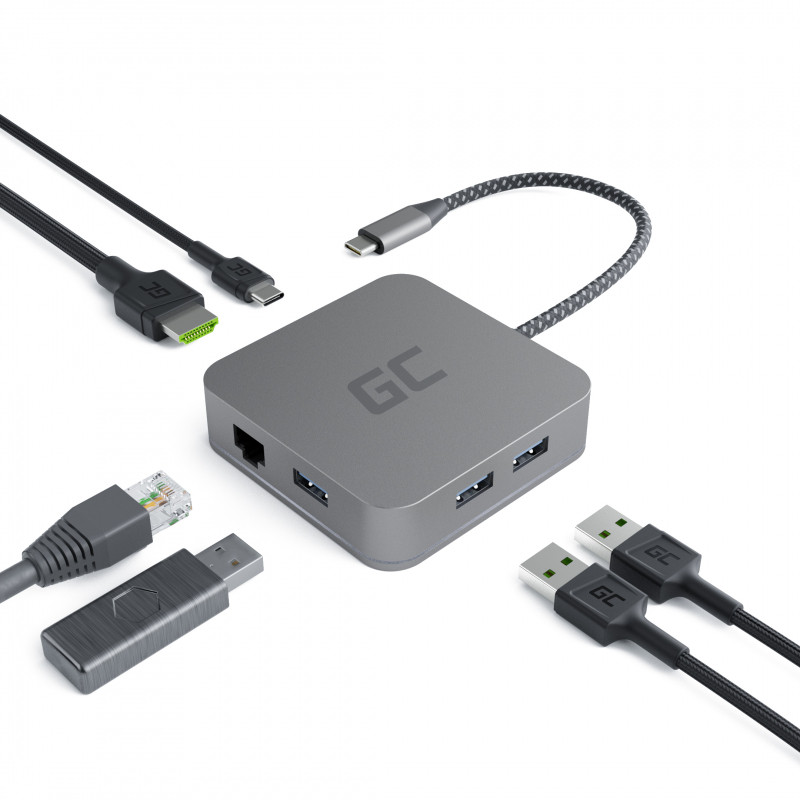 USB-C docking station - GreenCell GC-HUB2 USB-C hubb med USB-C, HDMI- (4K), USB 3.0 och Ethernet