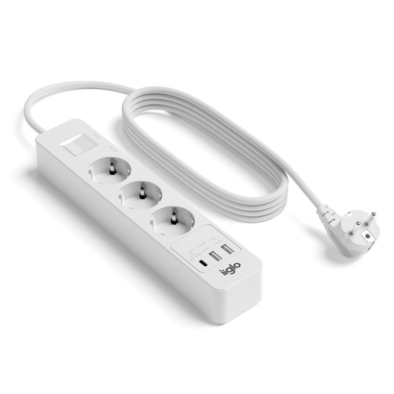 Junction box - iiglo överspänningsskyddat grenuttag med 3 uttag och 2 USB + 1 USB-C