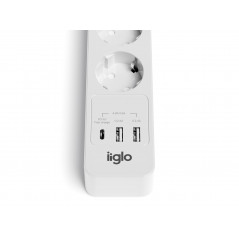 Junction box - iiglo överspänningsskyddat grenuttag med 3 uttag och 2 USB + 1 USB-C