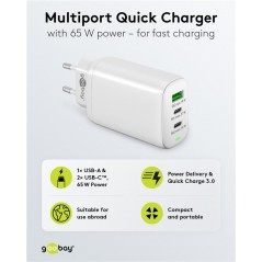 Strömadapter med USB-C PD 65W och snabbladdning (2x USB-C, 1x USB)