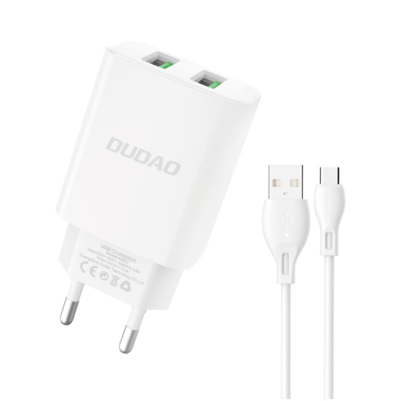 Phone Wall charger - Dudao AC-adapter väggladdare med 2 USB samt 1m USB till USB-C-kabel