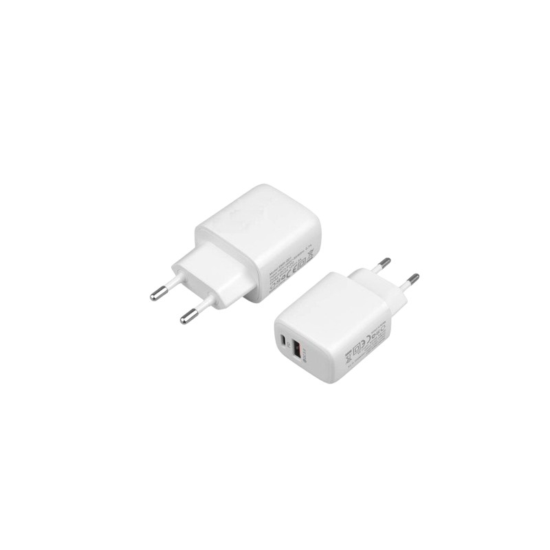 Phone Wall charger - Universal 18W USB-A/USB-C väggladdare med PD/QC3.0, vit (bulk)