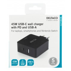 Universal computer charger - Deltaco 53W USB-C Nätadapter, QC 3.0, USB-C PD 45W, USB-A 5V 12W, svart