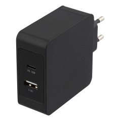 Deltaco 53W USB-C Nätadapter, QC 3.0, USB-C PD 45W, USB-A 5V 12W, svart