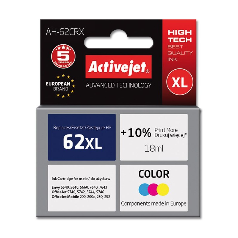 Printer Supplies - Activejet bläckpatron motsvarande HP 62 XL för Envy och OfficeJet (färg)