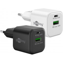 Snabbladdande kompakt GaN strömadapter med USB-A och USB-C PD 20W svart/vit