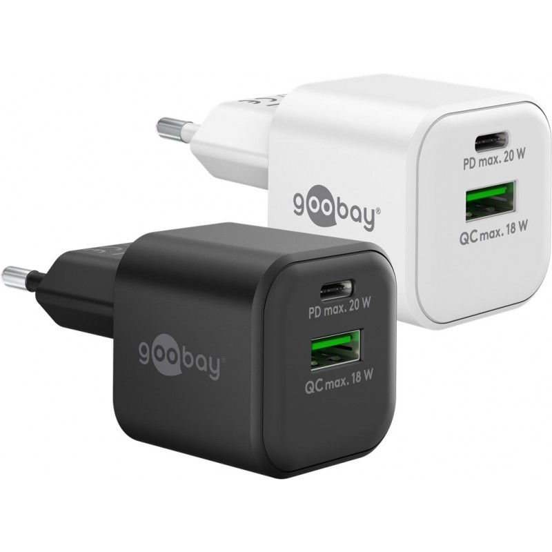 Snabbladdande kompakt GaN strömadapter med USB-A och USB-C PD 20W s... Chargers and Cables - Snabbladdande kompakt GaN strömadapter med USB-A och USB-C PD 20W svart/vit