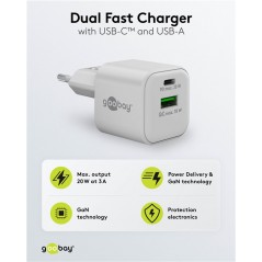 Chargers and Cables - Snabbladdande kompakt GaN strömadapter med USB-A och USB-C PD 20W svart/vit