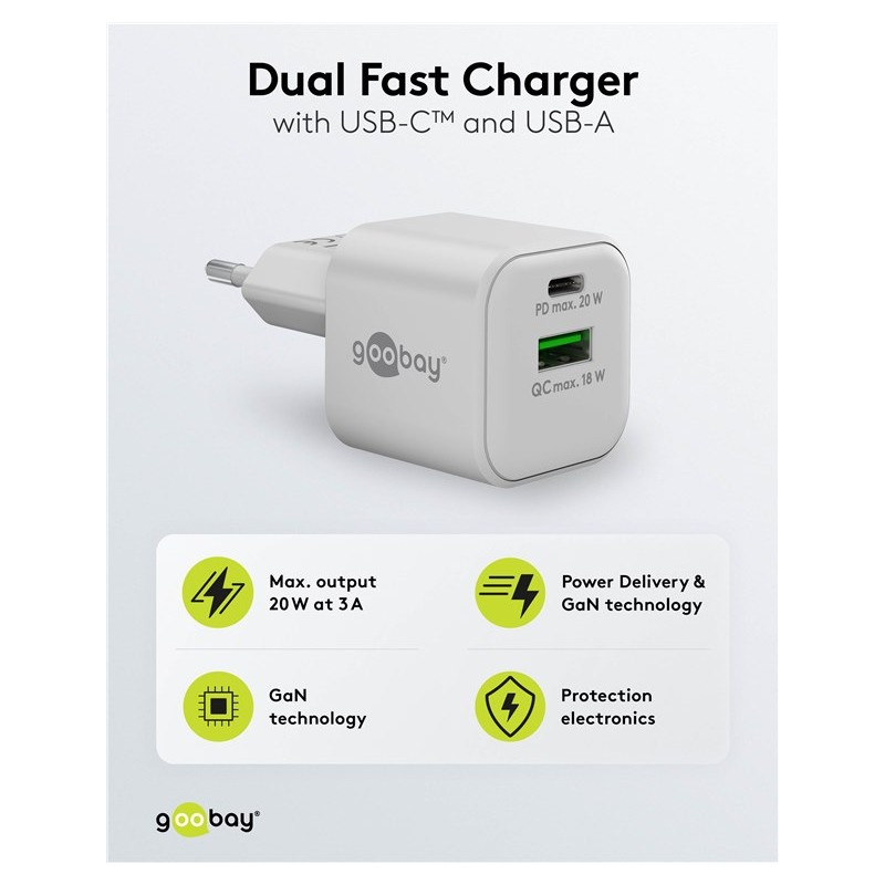 Chargers and Cables - Snabbladdande kompakt GaN strömadapter med USB-A och USB-C PD 20W svart/vit