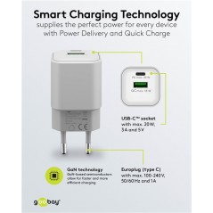 Chargers and Cables - Snabbladdande kompakt GaN strömadapter med USB-A och USB-C PD 20W svart/vit