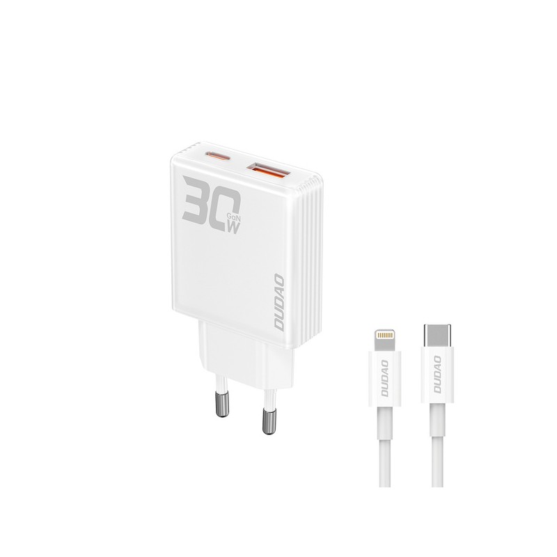 Phone Wall charger - Dudao AC-adapter väggladdare GaN 30W med 1 USB-C och 1 USB samt Lightning-kabel