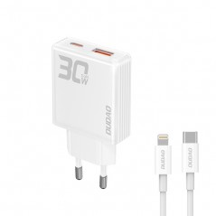 Dudao AC-adapter väggladdare GaN 30W med 1 USB-C och 1 USB samt USB-C-kabel