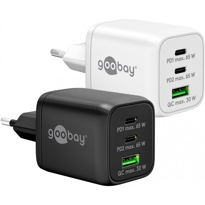 Snabbladdande kompakt GaN strömadapter med USB-A och 2x USB-C PD 65... Chargers and Cables - Snabbladdande kompakt GaN strömadapter med USB-A och 2x USB-C PD 65W svart/vit
