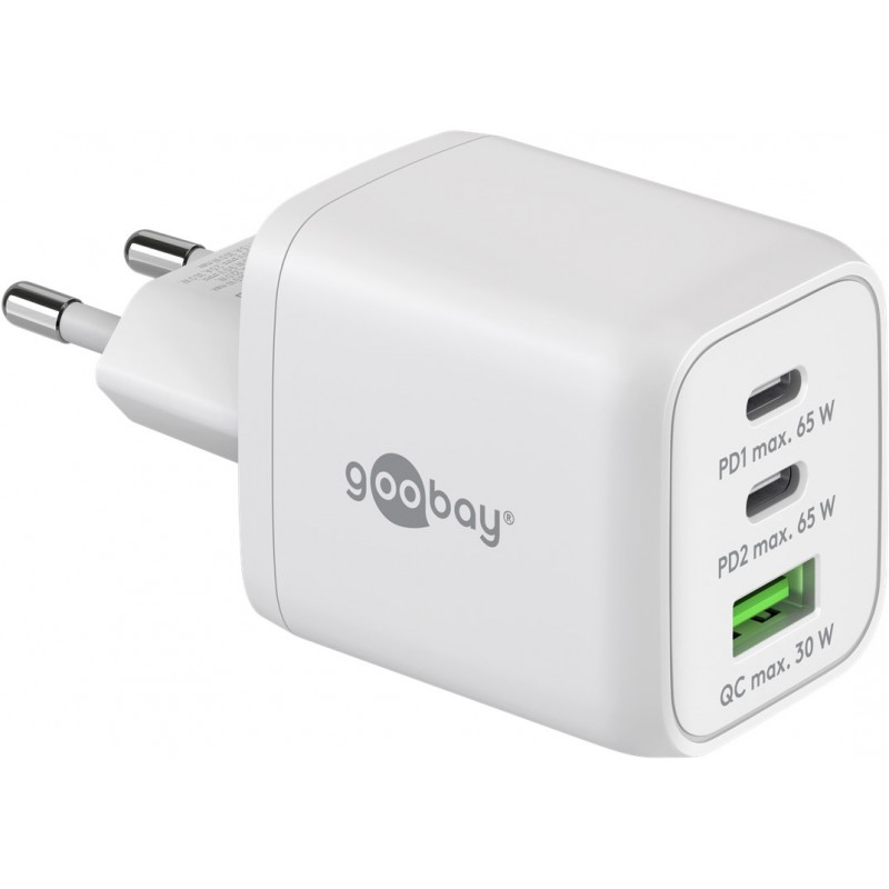 Chargers and Cables - Snabbladdande kompakt GaN strömadapter med USB-A och 2x USB-C PD 65W svart/vit