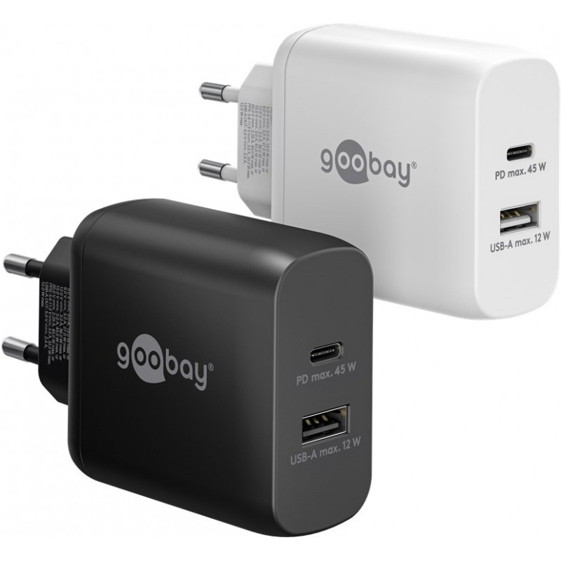 Chargers and Cables - Snabbladdande kompakt GaN strömadapter med USB-A och USB-C PD 45W svart/vit