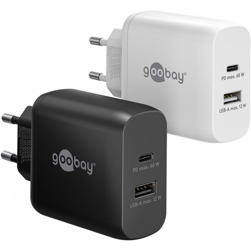 Snabbladdande kompakt GaN strömadapter med USB-A och USB-C PD 65W s... Chargers and Cables - Snabbladdande kompakt GaN strömadapter med USB-A och USB-C PD 65W svart/vit