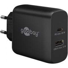 Snabbladdande kompakt GaN strömadapter med USB-A och USB-C PD 65W svart/vit
