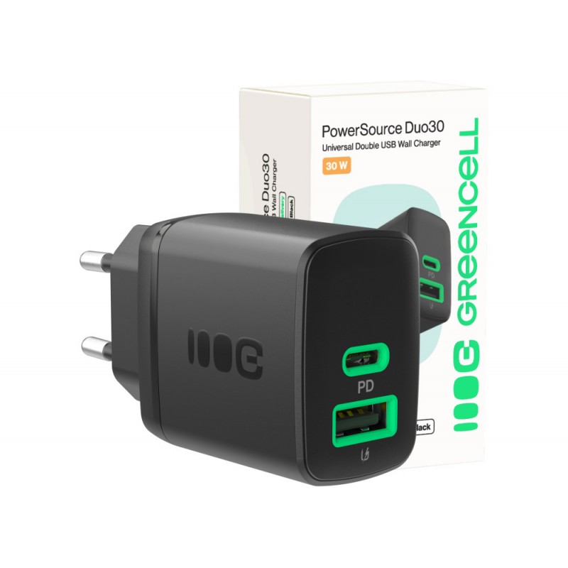 Phone Wall charger - GreenCell snabbladdande USB-C och USB-A strömadapter 30W