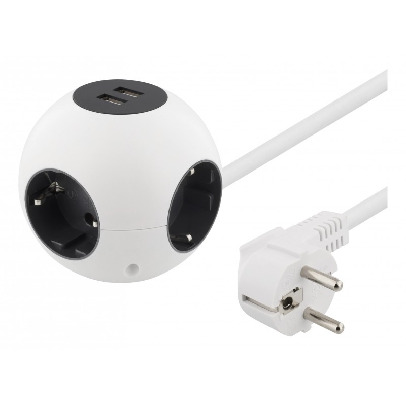 Junction box - Klotformat grenuttag med 4 uttag + 2 USB och 1.4 meter kabel