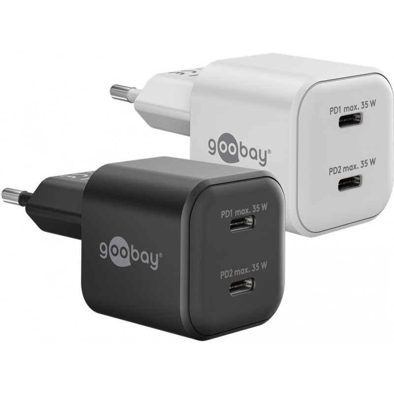 Snabbladdande kompakt GaN strömadapter med 2x USB-C PD 35W svart/vi... Chargers and Cables - Snabbladdande kompakt GaN strömadapter med 2x USB-C PD 35W svart/vit