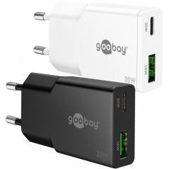 Snabbladdande kompakt GaN strömadapter med USB-A och USB-C PD 20W svart/vit