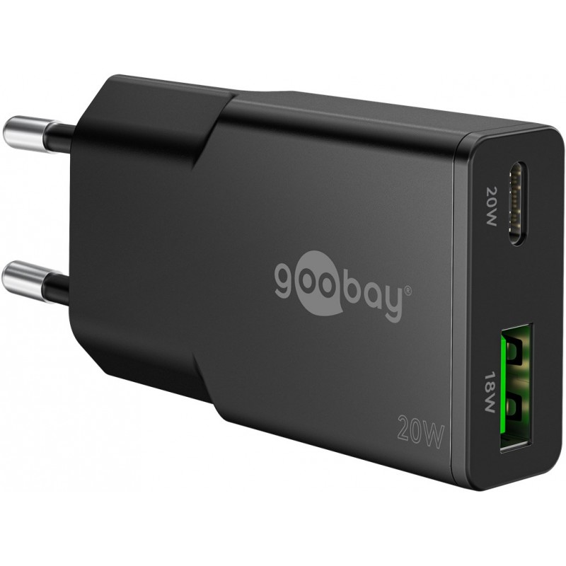 Chargers and Cables - Snabbladdande kompakt GaN strömadapter med USB-A och USB-C PD 20W svart/vit