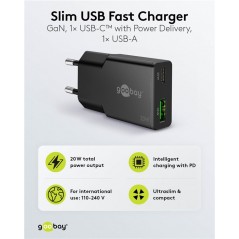 Chargers and Cables - Snabbladdande kompakt GaN strömadapter med USB-A och USB-C PD 20W svart/vit
