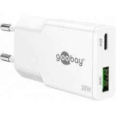 Snabbladdande kompakt GaN strömadapter med USB-A och USB-C PD 20W svart/vit