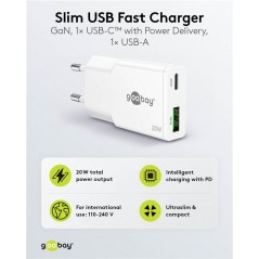 Chargers and Cables - Snabbladdande kompakt GaN strömadapter med USB-A och USB-C PD 20W svart/vit