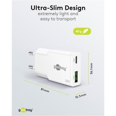 Chargers and Cables - Snabbladdande kompakt GaN strömadapter med USB-A och USB-C PD 20W svart/vit