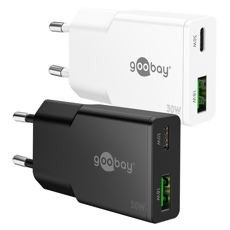 Snabbladdande kompakt GaN strömadapter med USB-C PD 30W & USB-A sva... Chargers and Cables - Snabbladdande kompakt GaN strömadapter med USB-C PD 30W & USB-A svart/vit