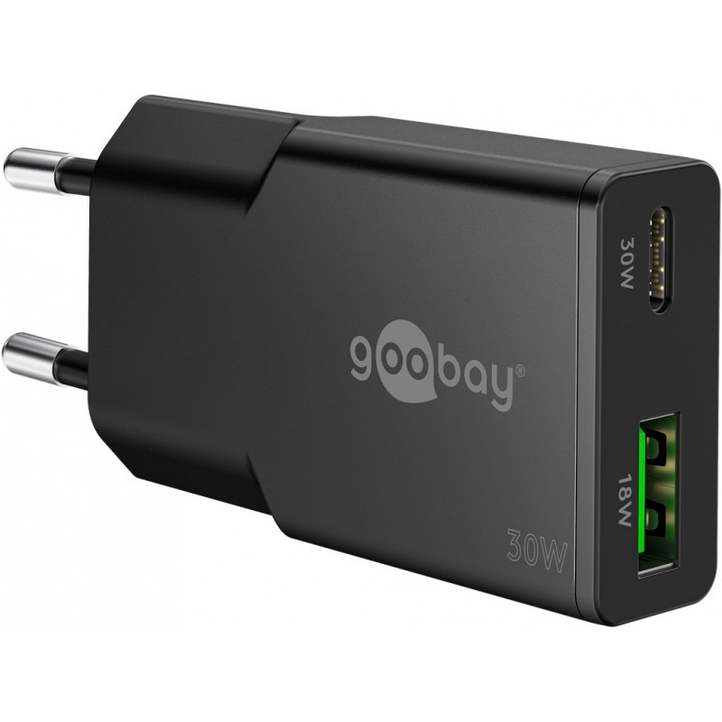 Chargers and Cables - Snabbladdande kompakt GaN strömadapter med USB-C PD 30W & USB-A svart/vit