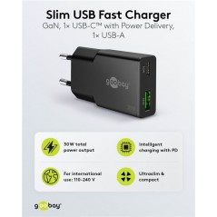 Chargers and Cables - Snabbladdande kompakt GaN strömadapter med USB-C PD 30W & USB-A svart/vit