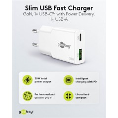 Chargers and Cables - Snabbladdande kompakt GaN strömadapter med USB-C PD 30W & USB-A svart/vit