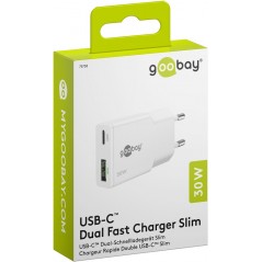 Chargers and Cables - Snabbladdande kompakt GaN strömadapter med USB-C PD 30W & USB-A svart/vit