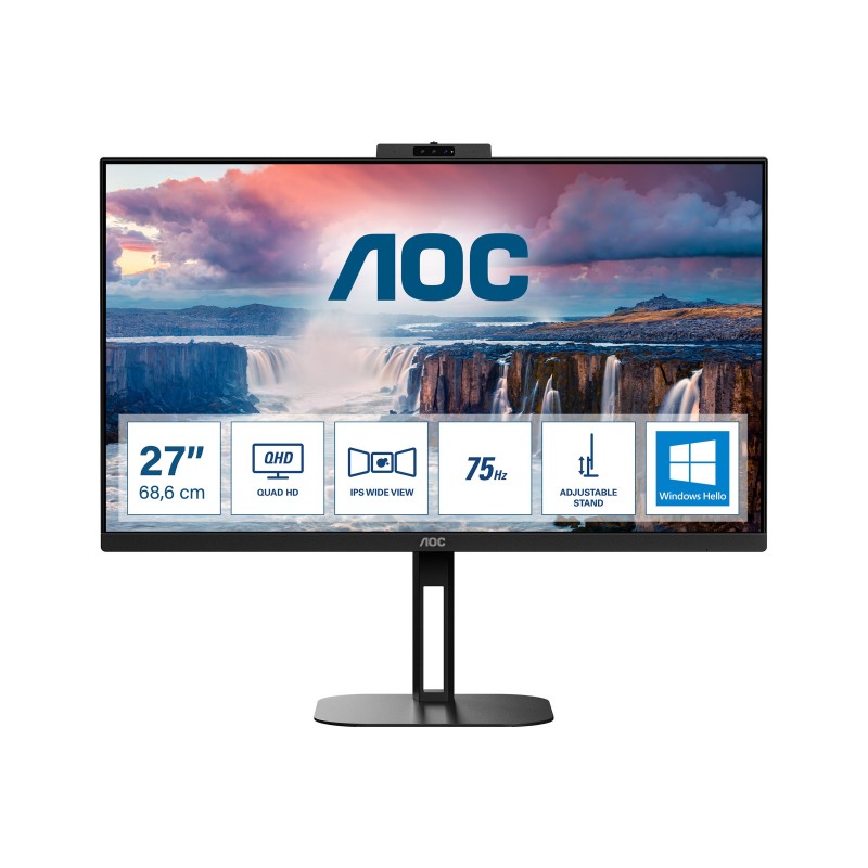 Computer monitor 25" or larger - AOC Q27V5CW/BK 27" 2.5K ergonomisk IPS-skärm med webbkamera och USB-C PD65W