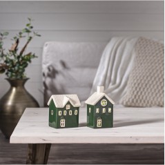 2-pack grönt keramiskt hus 15 cm med belysning juldekoration