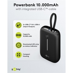 Portable Batteries - Goobay powerbank 10000 mAh 20W med inbyggd USB-C-kabel och 1x USB-C, 1x USB