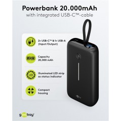 Portable Batteries - Goobay powerbank 20000 mAh 30W med inbyggd USB-C-kabel och 1x USB-C, 1x USB