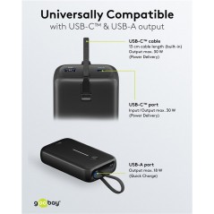 Portable Batteries - Goobay powerbank 20000 mAh 30W med inbyggd USB-C-kabel och 1x USB-C, 1x USB
