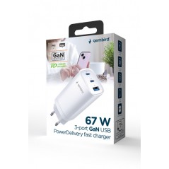 Phone Wall charger - Gembird 65 Watt GaN AC-adapter väggladdare med 2x USB-C och 1x USB