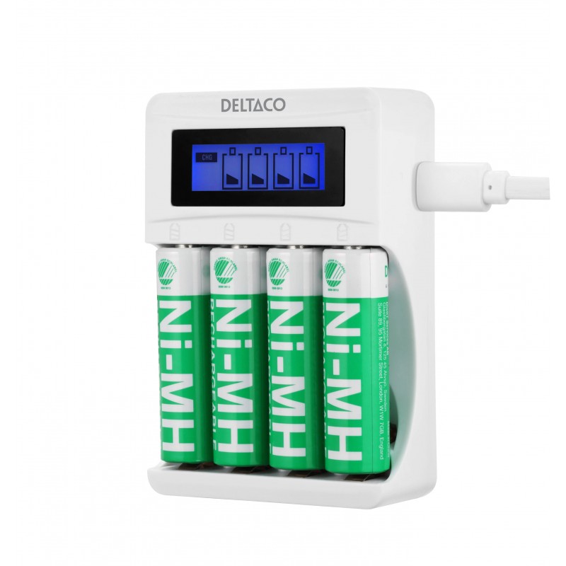 Battery & Battery testers - Deltaco USB-driven batteriladdare (4-6h) inklusive 4x AA-batterier