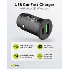 Goobay billaddare med 1x USB-C 1x USB-A och 27W PD snabbladdning